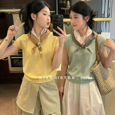 KISS SISTER-致风丝巾披肩短袖优雅气质透气氛围感针织衫(配丝巾)