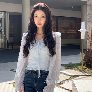 ZY GODDESS-柔滤镜法式富家千金风气质宫廷泡泡袖一字肩显瘦小衫