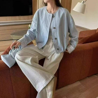 韩系时尚设计感袖口蕾丝拼接短外套女2025秋季新款休闲夹克上衣