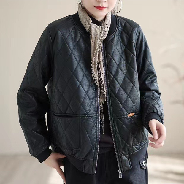 秋冬款皮衣外套加绒加厚夹棉保暖开衫外套立领菱形格皮袄韩版宽松