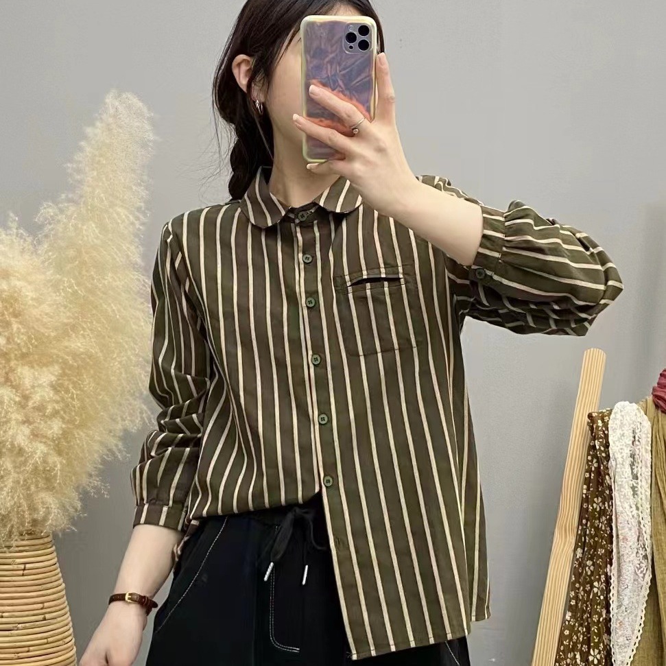 2024年春款衬衫女条纹宽松休闲学院风亲肤韩版亲肤衬衫开衫长袖
