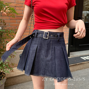 ZY GODDESS-u系简约气质高腰压褶超百搭原牛仔短裙半身裙(配腰带)
