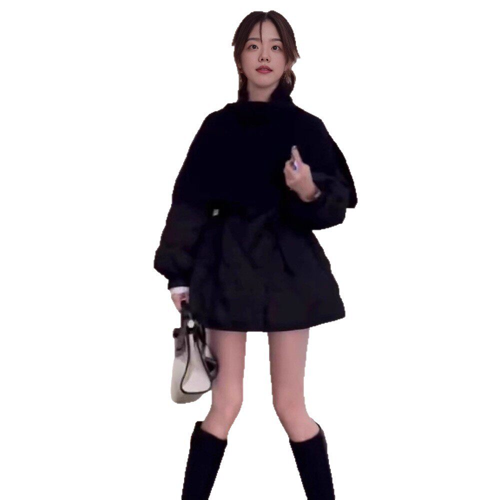 韩系针织披肩+收腰羽绒服女2025冬季新宽松中长款系带白鸭绒外套