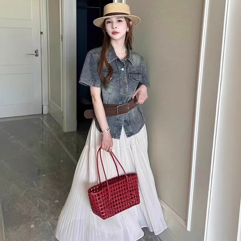 韩版气质御姐褶皱半身裙女夏季新款高腰宽松垂感休闲过膝中长款裙