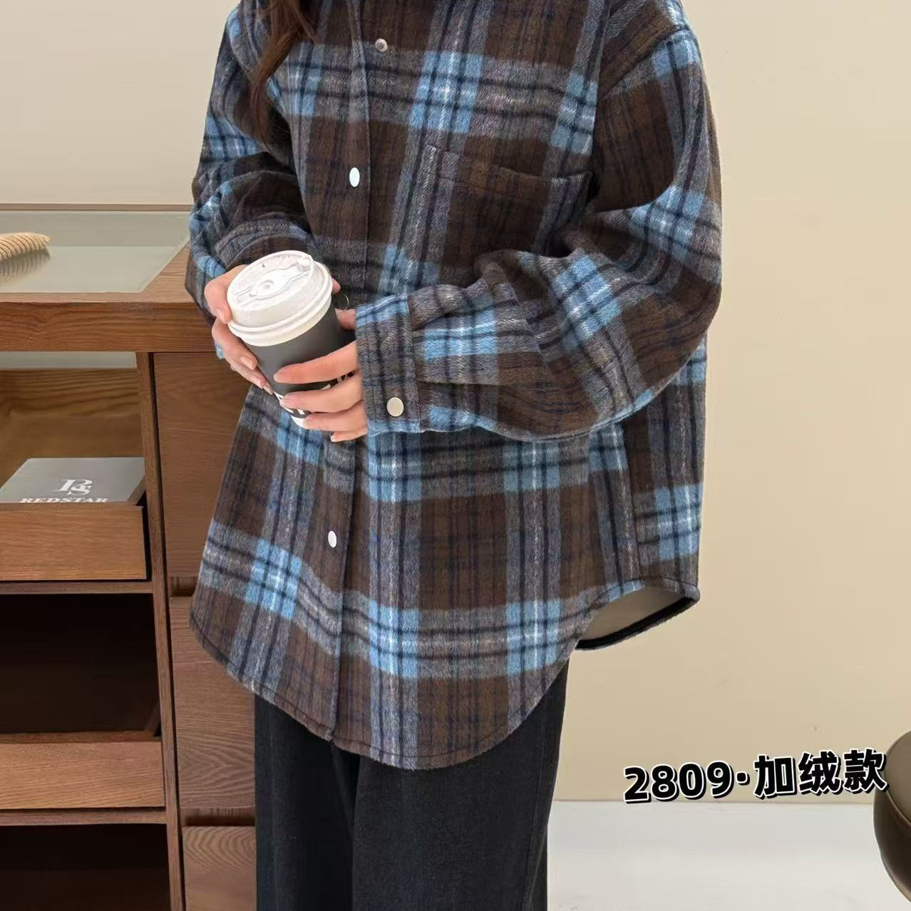 2024冬款衬衫女加绒加厚保暖上衣撞色长袖学院风上衣韩版格子衬衣