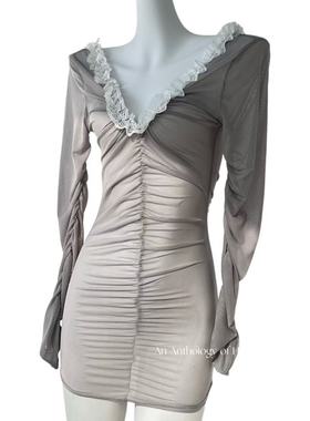 暗涌集  灰色气质女人纯欲花边包臀裙性感小女人褶皱连衣裙风趣味