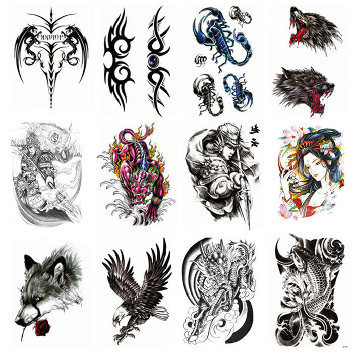 1份12张男女大花臂纹身贴 防水持久手臂腿部蝎子鲤鱼逼真遮疤刺青