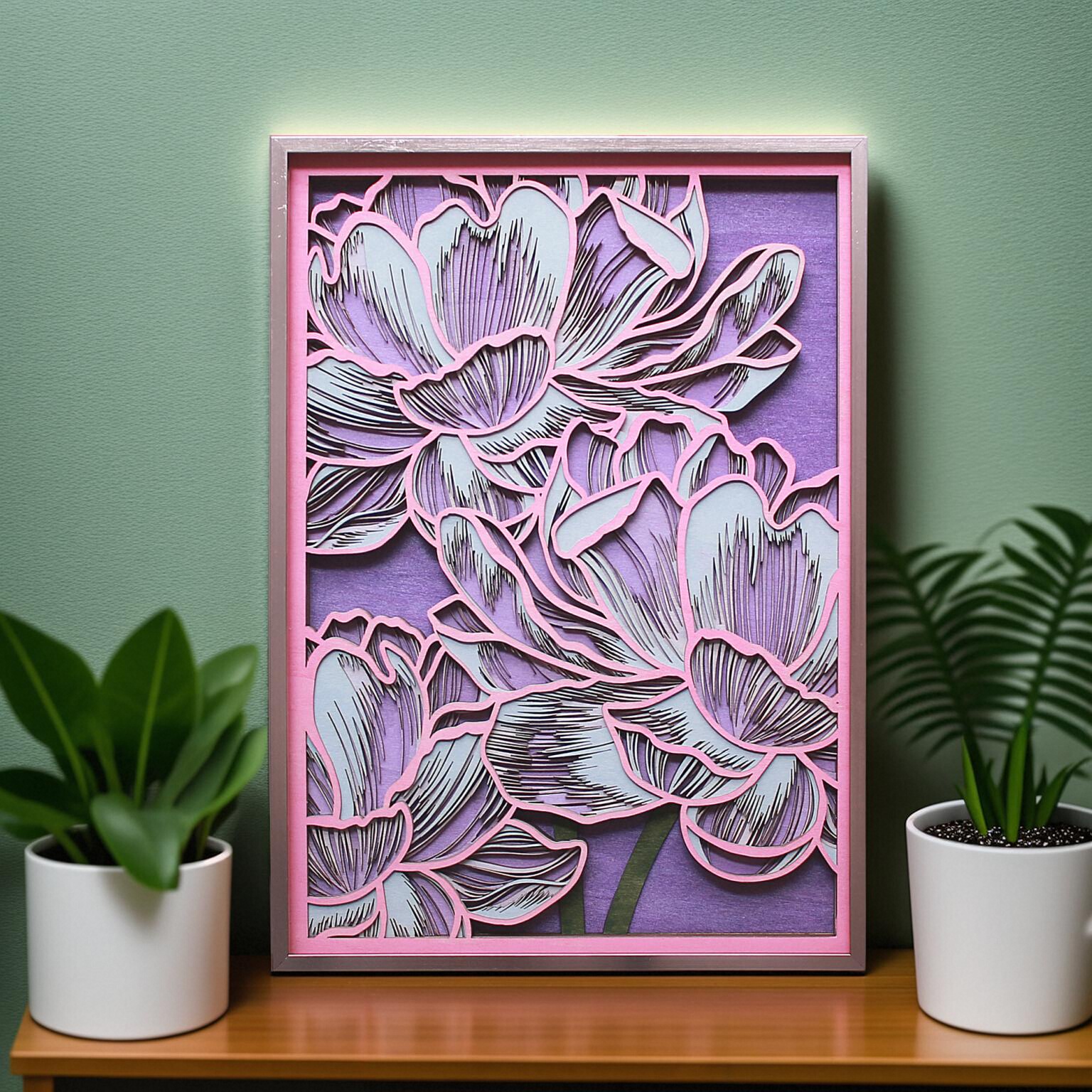 原创木雕鲜花主题立体叠雕线条浮雕装饰画《牡丹》挂画摆台图片