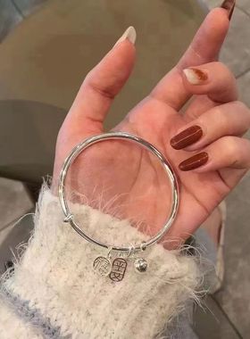 平安铃铛福光面银色手镯女轻奢时尚小众设计学生款送闺蜜女朋友