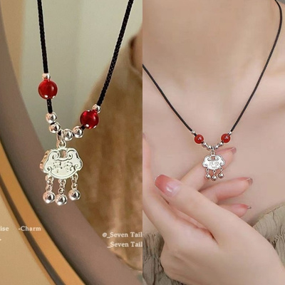 新中式项链ins学生闺蜜平安锁民族风手工编织长命锁铃铛吊坠爆款