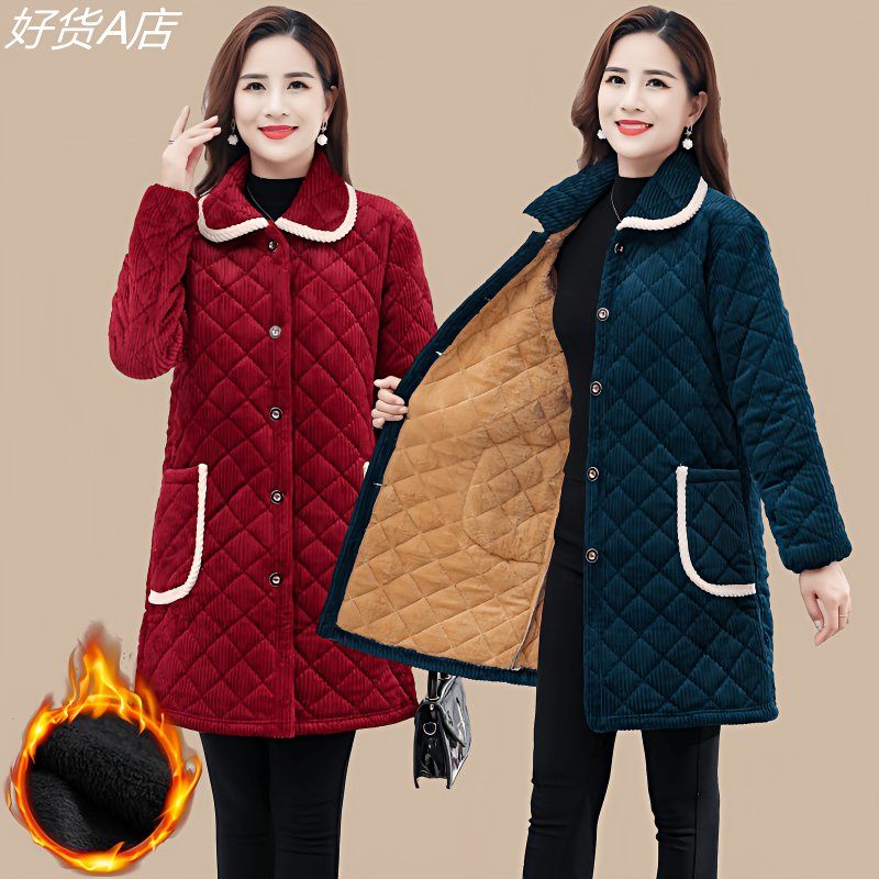 四川省服秋冬新款棉袄女洋气中长款灯芯绒棉服宽松中老年人棉罩衣