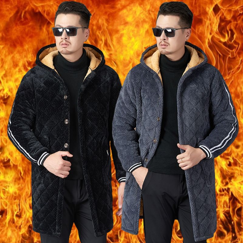 四川省服长款加绒加厚棉衣男冬款百搭保暖连帽棉袄休闲绒罩衣外套