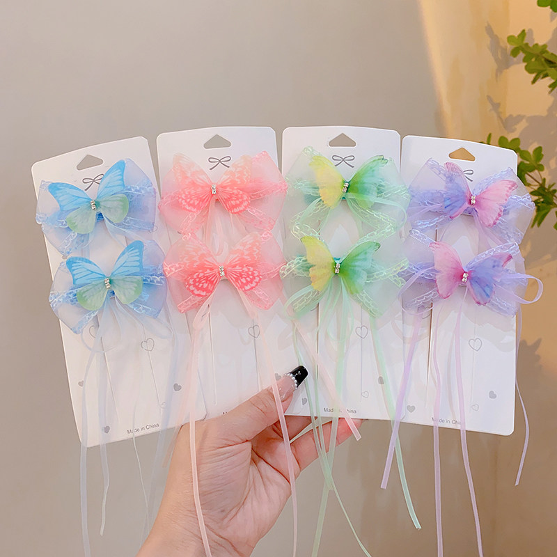 中国风汉服古装头饰儿童飘带蝴蝶结发夹复古风蝴蝶对夹小女孩发饰