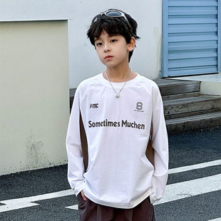 男孩上衣宽松潮牌 男童白色T恤长袖 春秋款 儿童圆领打底衫 2025新款