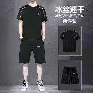 爸爸夏装套装男士2026夏季新款圆领冰丝短袖t恤短裤中青年运动服