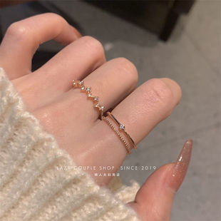 玫瑰金波浪戒指套装女对戒小众设计高级感食指戒ins时尚个性指环