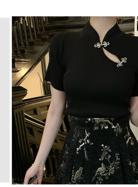 磁吸扣两件套手缝新中式上衣黑色国风针织短袖T恤女新款修身别致