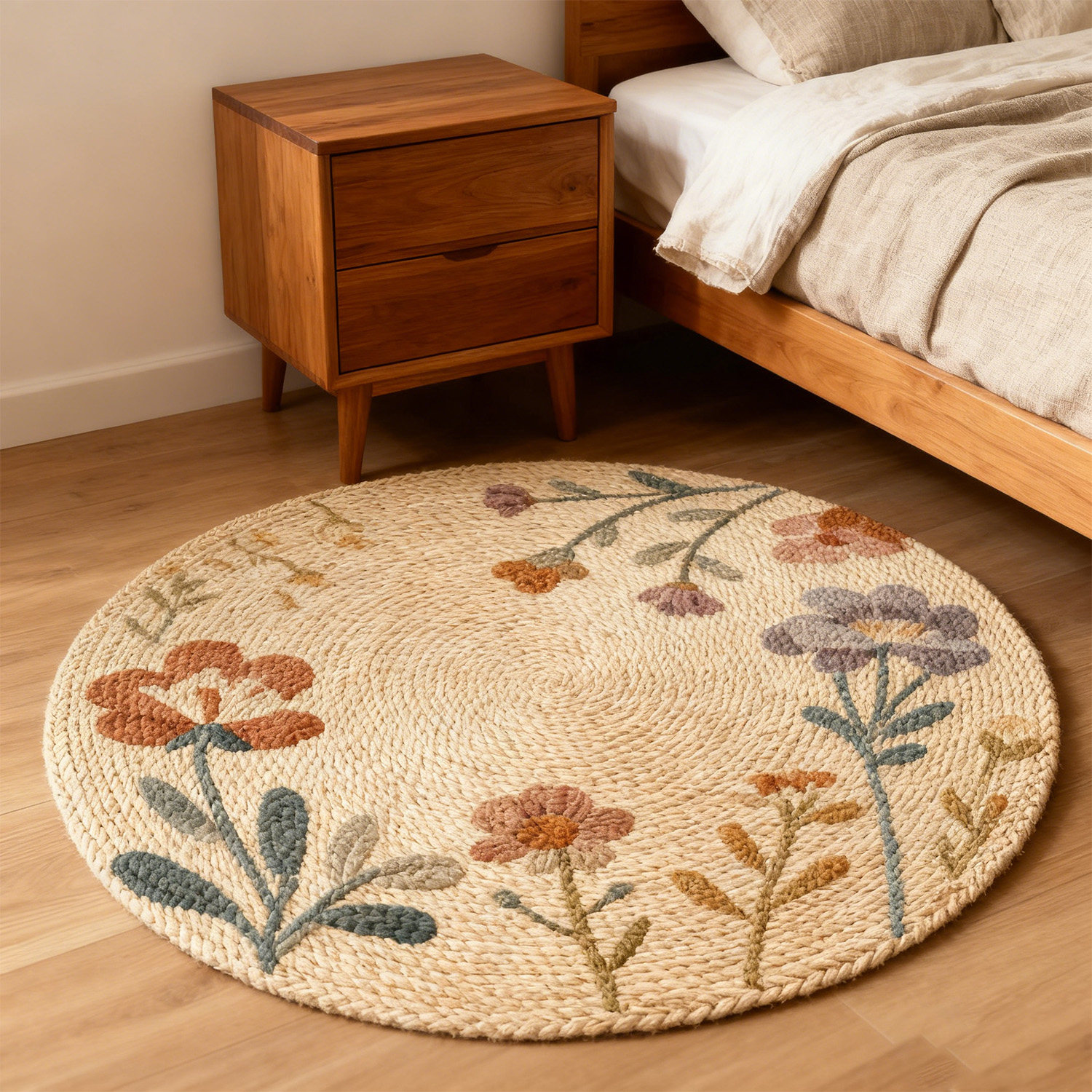 森系花朵编织风圆形地毯客厅卧室原木风房间家用床边毯北欧风地垫