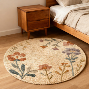 森系花朵编织风圆形地毯客厅卧室原木风房间家用床边毯北欧风地垫
