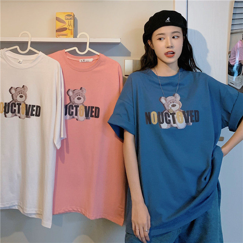 Real shot Korean bear t-shirt female summer new round neck fashion printed T-Shirt Top loose