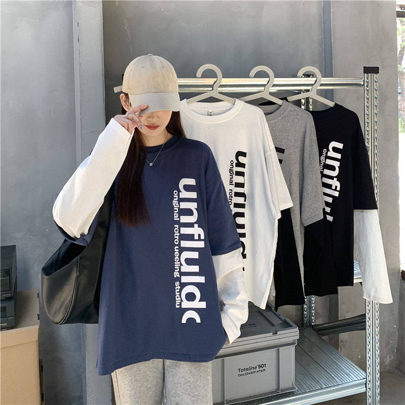 Real shot letter has been modified spring fake two long sleeve T-shirt women's trendy round neck base shirt hip hop