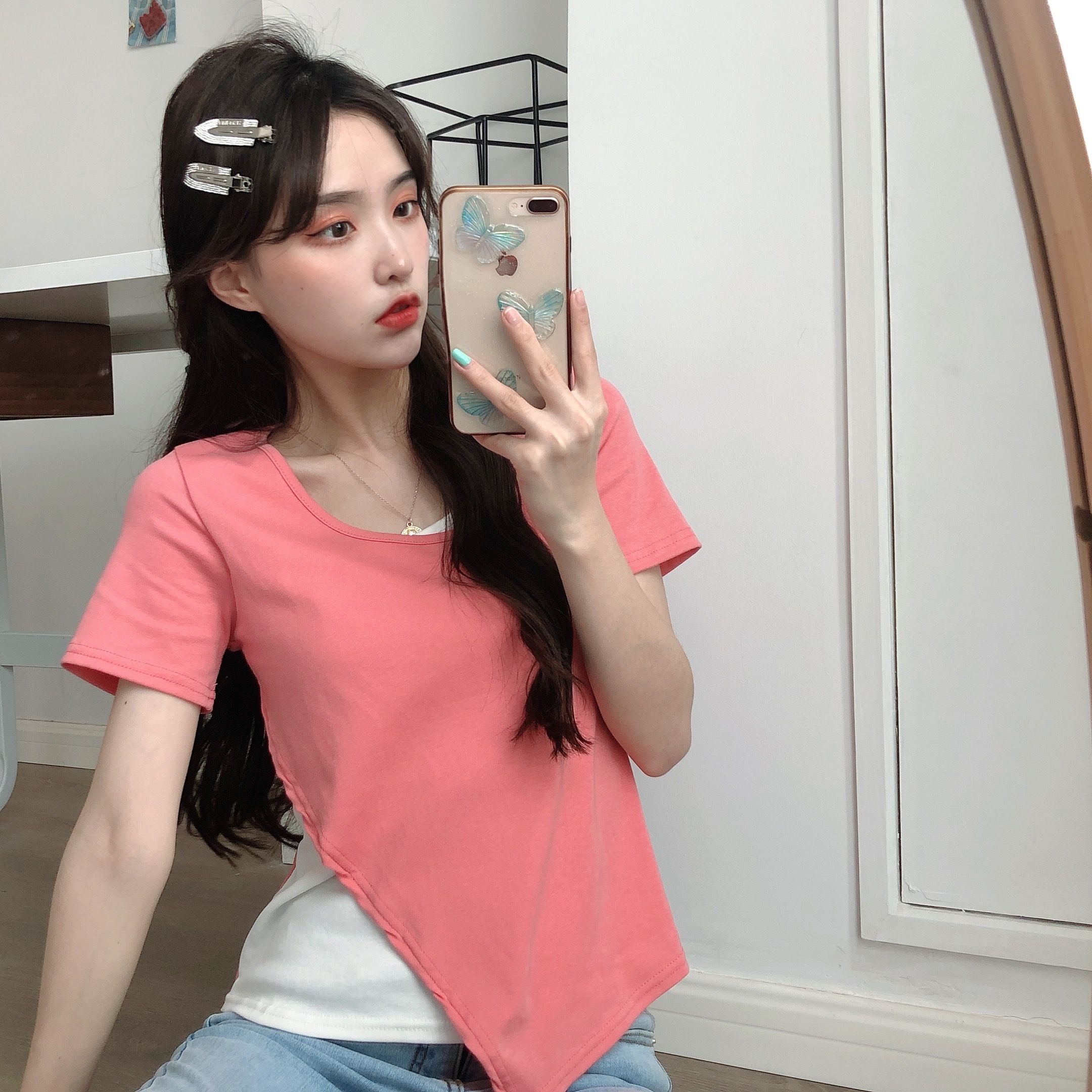 Real shot design sense minority irregular short sleeve T-shirt women's summer vacation two split high waist short top