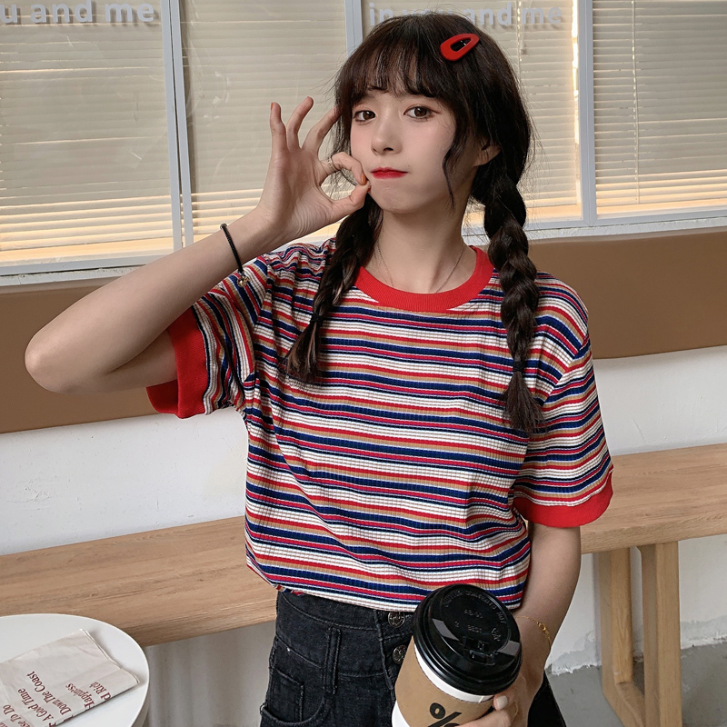 Real shot new color contrast T-shirt Han Fan top Hong Kong Style Short Sleeve Striped t-shirt female versatile student trend