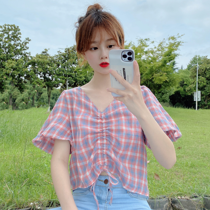 Real picture plaid shirt with drawstring and bubble sleeve, short sleeve and V-neck, revealing navel