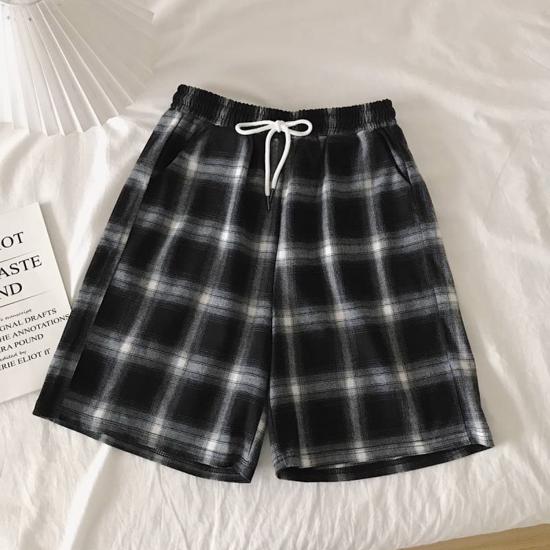 Real photo check shorts women's summer loose high waist casual Korean straight leg wide leg Capris