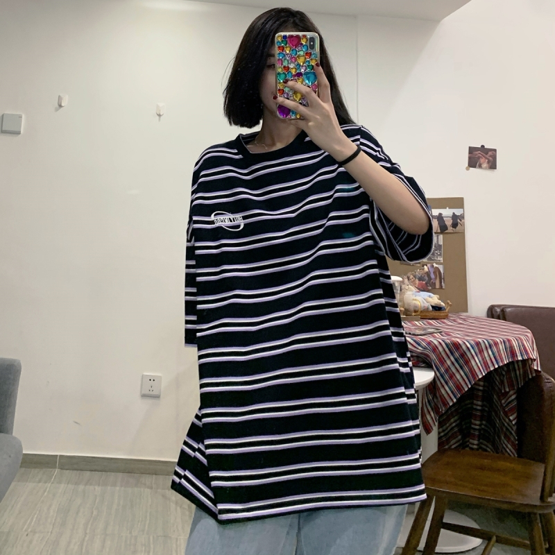 Real shot striped T-shirt short sleeve women's new summer loose original sleeping style round neck