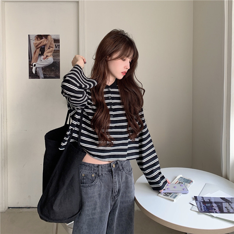 Real shot spring new loose thin net red fashion stripe long sleeve top