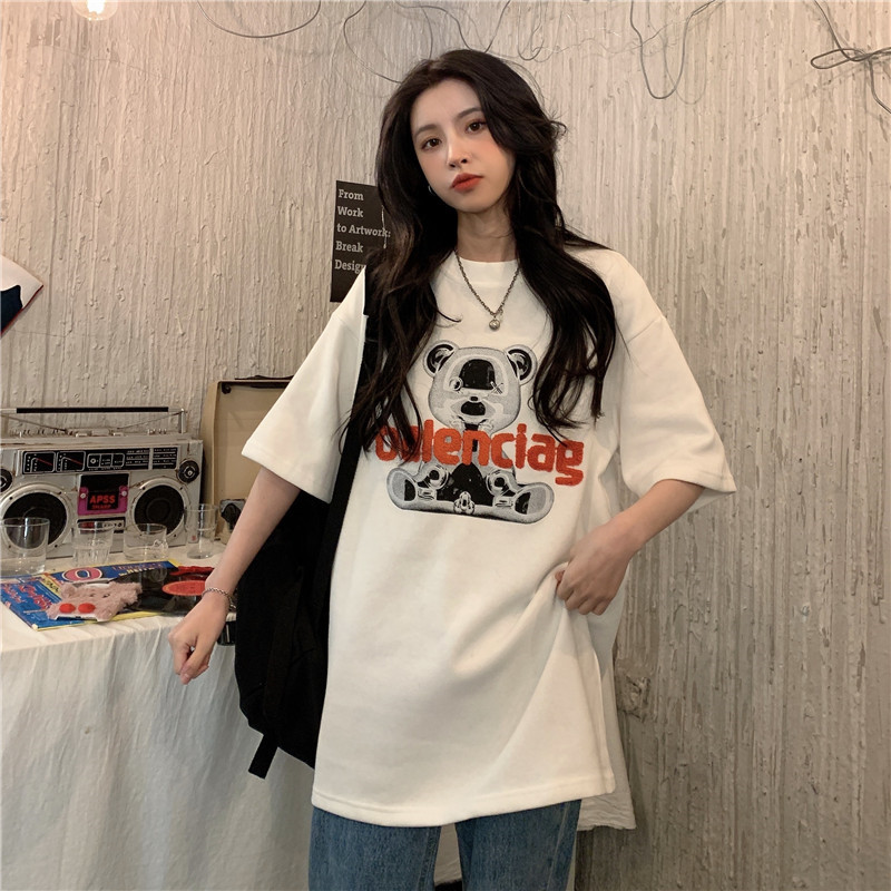 Real shot of 2021 summer new short sleeve T-shirt women's loose large medium and long foreign style versatile top