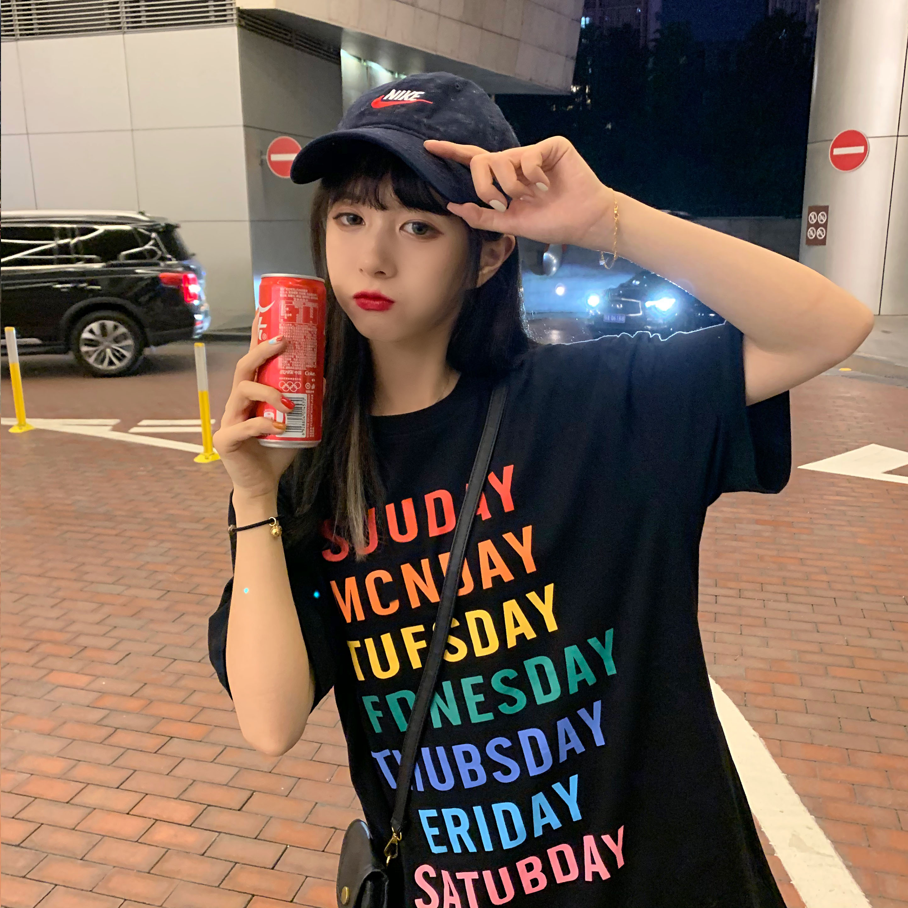 Real shot color week letter printed short sleeve top summer new cotton loose round neck pullover shirt