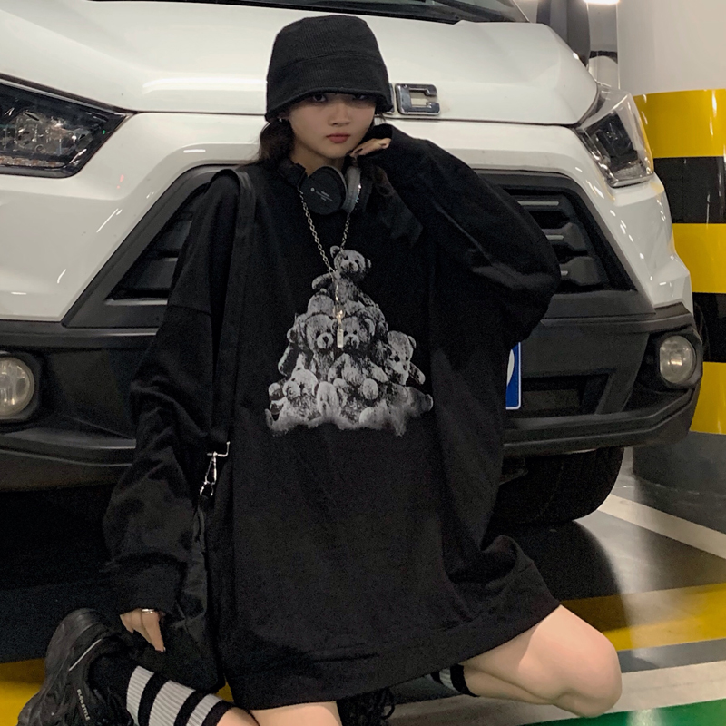 Real shot bear long sleeve T-shirt women loose Korean version Harajuku style thin top