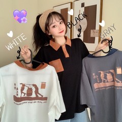 實拍日系短袖恤女生夏裝衫翻領寬鬆簡約休閒