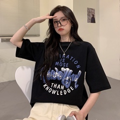 Real shot of Korean letter short sleeve T-shirt loose round neck Pullover