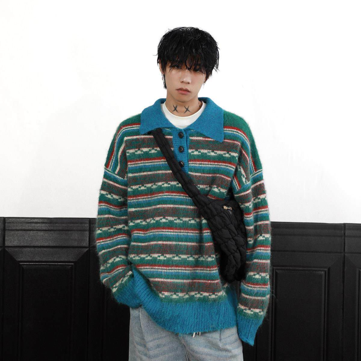 MRNEARLY美式复古Polo领彩色条纹毛衣男宽松休闲慵懒风撞色针织衫,男装,针织衫/毛衣,淘宝优惠券,粉丝福利购,淘宝优惠卷