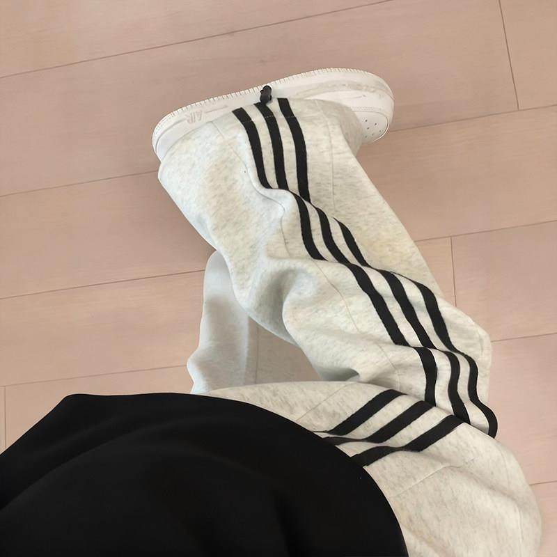 白灰色条纹运动裤女款 秋冬加绒直筒裤 梨型身材显瘦卫裤 高腰阔,女装/女士精品,大码裤装,淘宝优惠券,粉丝福利购,淘宝优惠卷