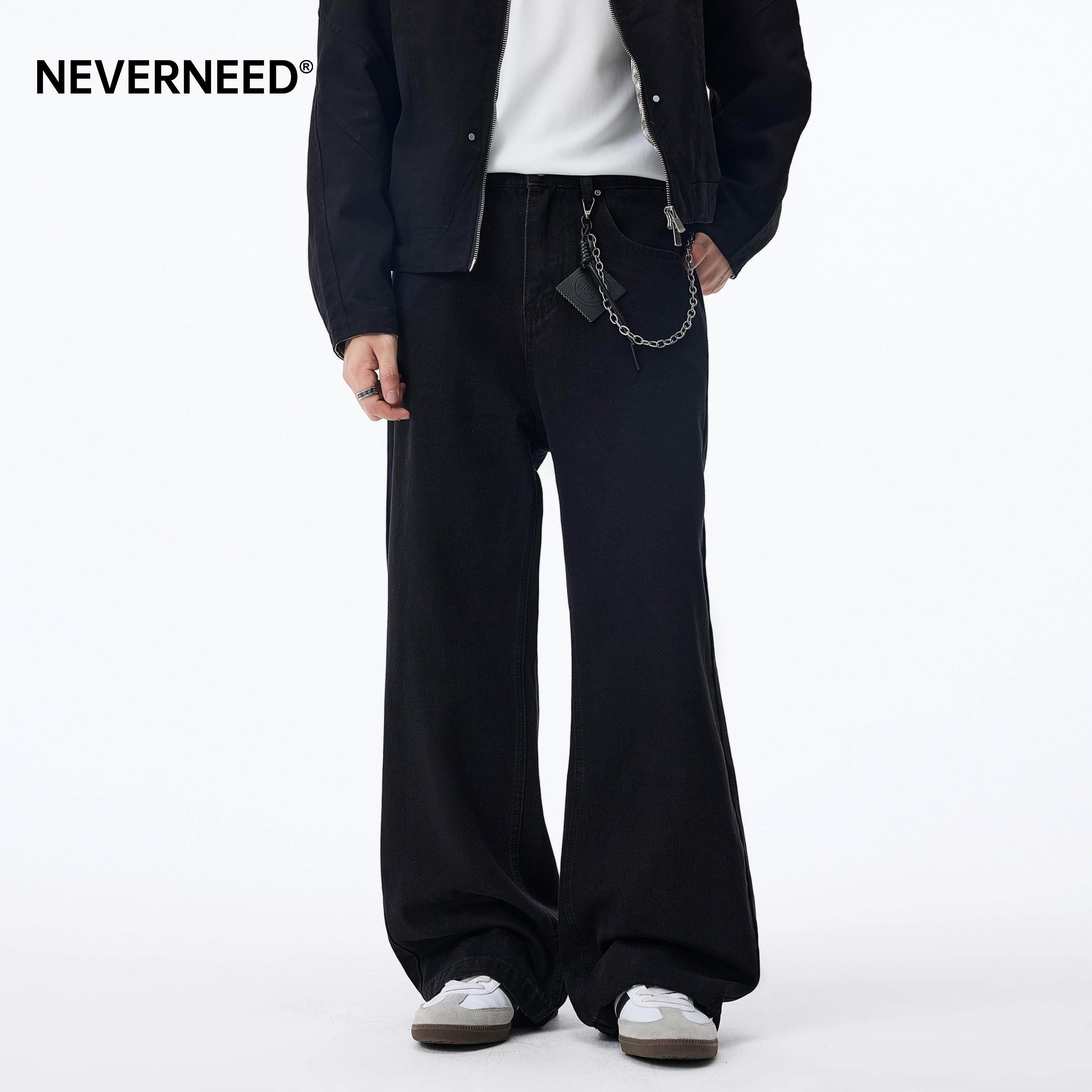 NEVERNEED黑色直筒牛仔裤男女秋冬季加绒美式休闲阔腿A字微喇长裤,男装,牛仔裤,淘宝优惠券,粉丝福利购,淘宝优惠卷