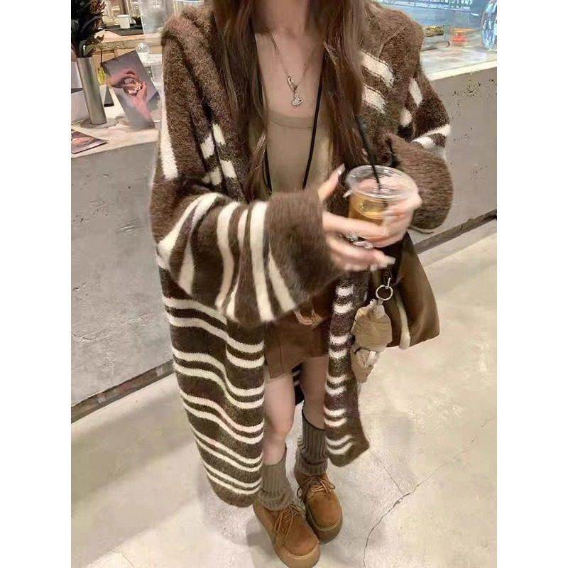 韩系慵懒复古条纹连帽针织开衫女秋冬宽松软糯长款毛衣外套,女装/女士精品,毛针织衫,淘宝优惠券,粉丝福利购,淘宝优惠卷