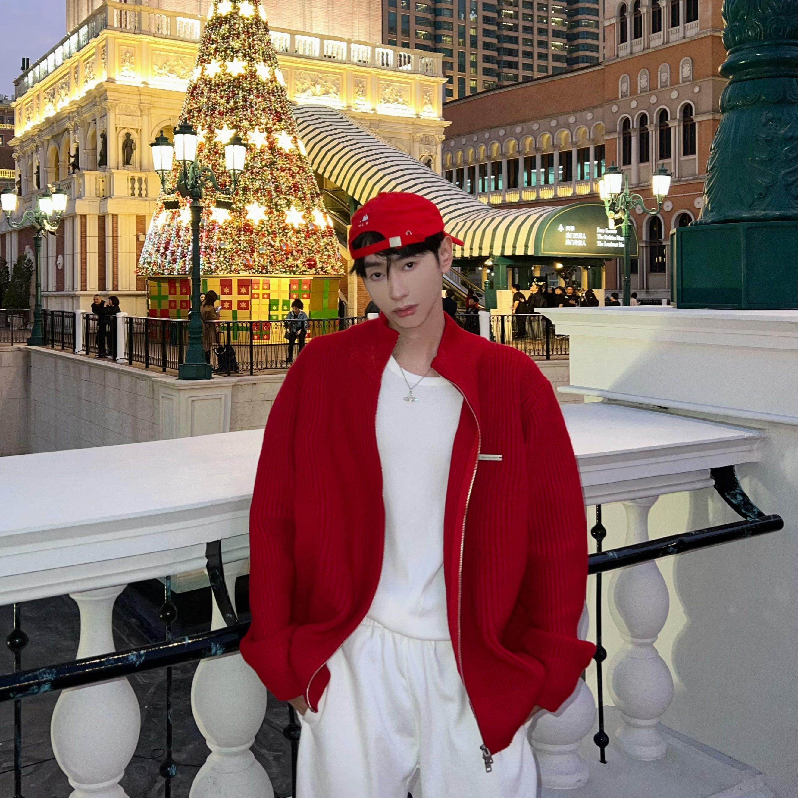 XMOB 冬季红色氛围感拉链立领开衫毛衣男宽松潮流ins针织外套男女,男装,针织衫/毛衣,淘宝优惠券,粉丝福利购,淘宝优惠卷