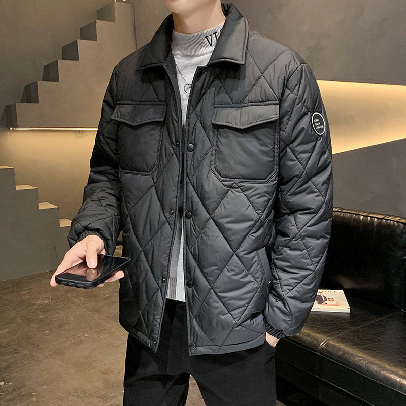 衬衫式羽绒棉服男冬季新款加厚保暖棉袄潮牌菱格工装翻领夹克棉衣