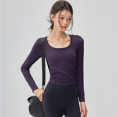 秋冬瑜伽服T恤女U领带胸垫显瘦运动上衣长袖 弹力外穿普拉提健身衣