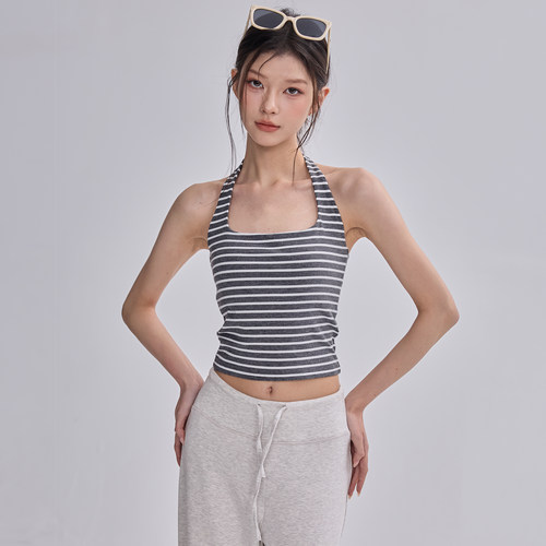条纹瑜伽背心女挂脖运动文胸