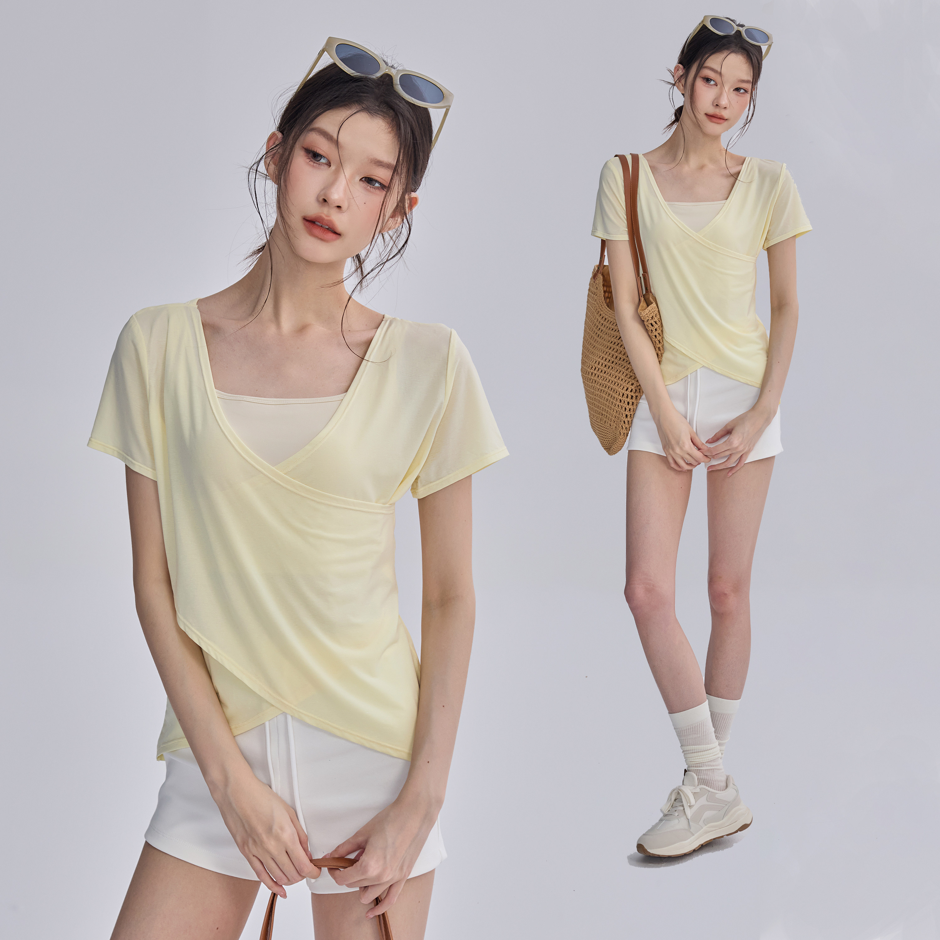 休闲瑜伽服罩衫短袖收腰显瘦吸湿排汗运动健身瑜伽上衣交叉美背薄