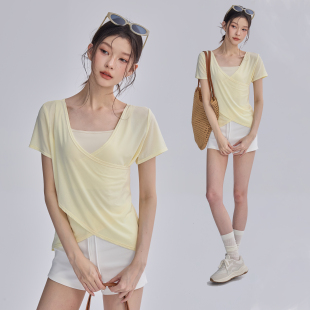 休闲瑜伽服罩衫 收腰显瘦吸湿排汗运动健身瑜伽上衣交叉美背薄 短袖