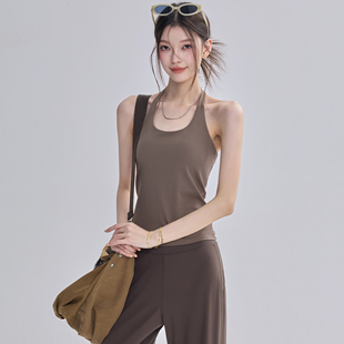 挂脖U领运动背心女带胸垫无袖 普拉提训练服跑步健身内衣 露背长款