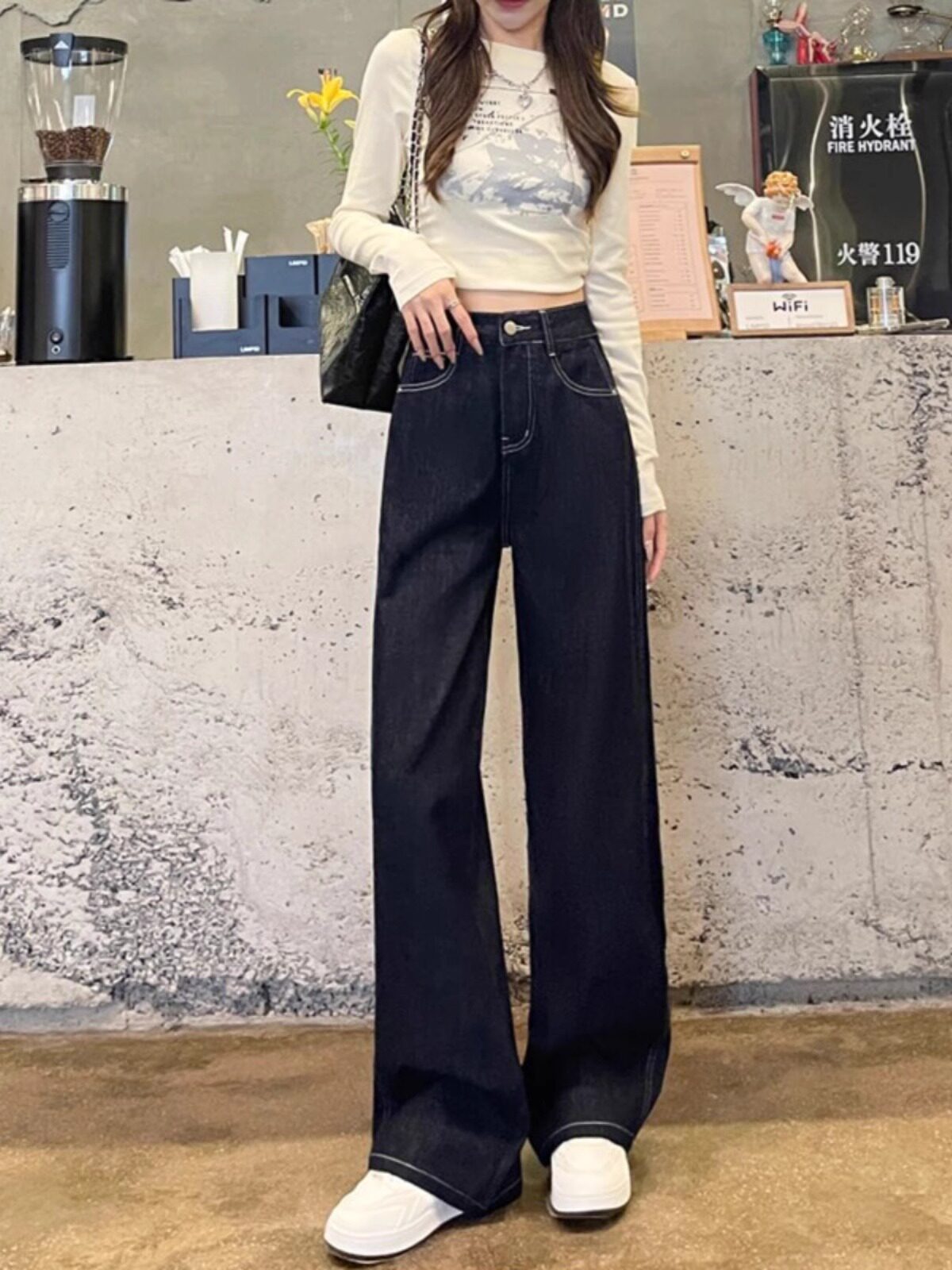 데님 블루 스트레이트 청바지 여성 봄 가을 2024 새로운 작은 하이 웨이스트 느슨한 복고풍 좁은 버전 넓은 다리 바지