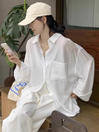 French White Sun Protection Shirt for Women, Summer Thin Style 2026 New Style Outer Cardigan, Loose Slimming Casual Top