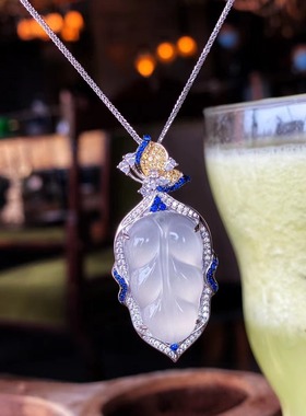 天然冰种白玉髓玛瑙金枝玉叶子吊坠纯银镀金树叶项链轻奢女翡翠设